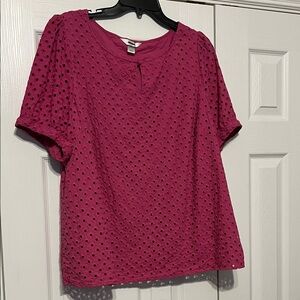 CJ Banks Women's Pink Cotton Eyelet Top